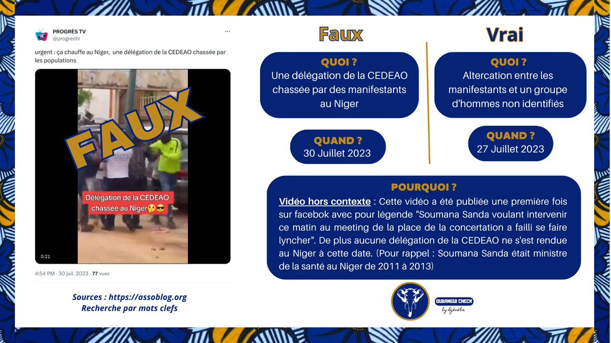 #oubanguicheck Dans un contexte d'instabilité les fausses informations fleurissent au #Niger #fakenews. Heureusement que des gens serieux tels que <a href="/konate90/">KONATE Malick</a>  font le travail de vérification. 🇳🇪