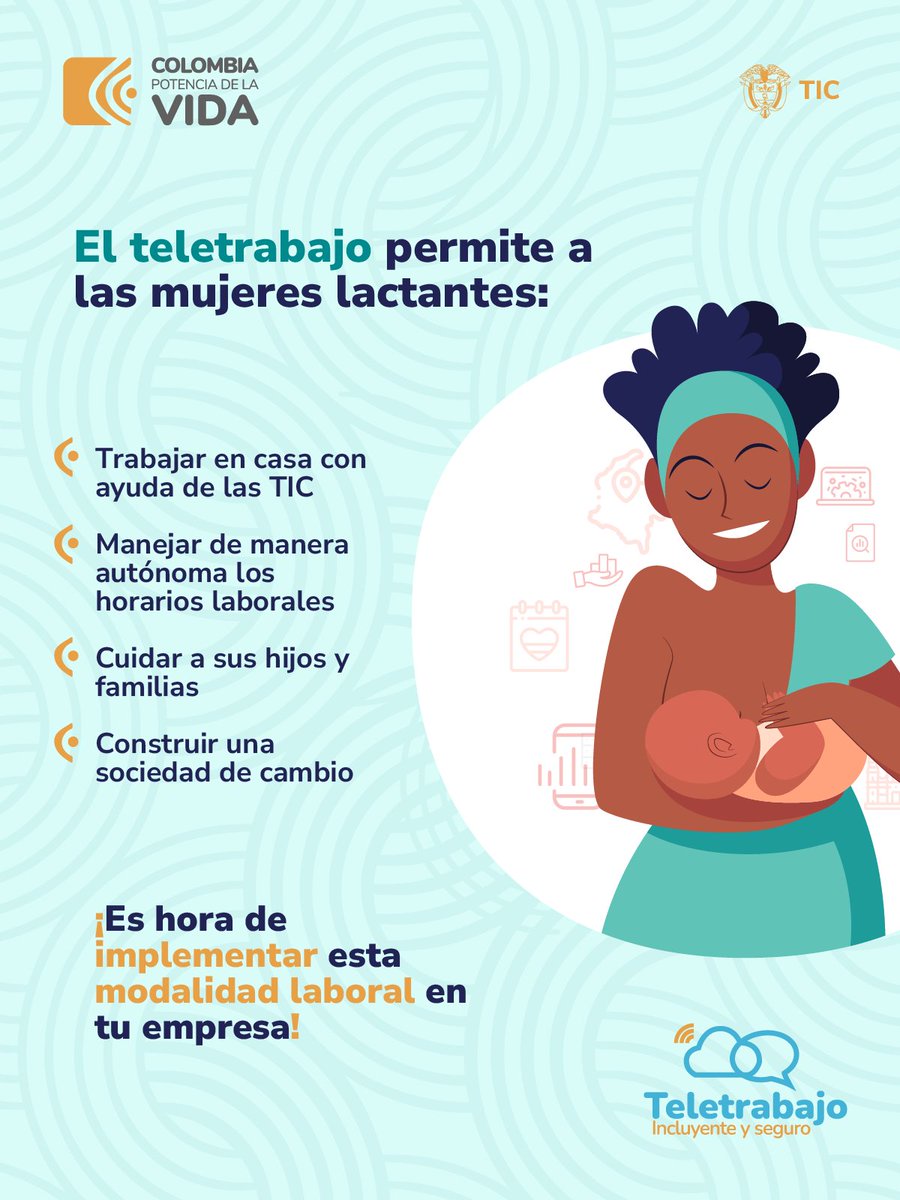 TeletrabajoCo's tweet photo. 👩🏽‍🍼¡Las mujeres no deberían tener que elegir entre amamantar a sus hijos o trabajar!  
Hagamos de Colombia una sociedad más incluyente. Pide nuestra asesoría en https://t.co/PEPUQynhWd e implementa el teletrabajo en tu empresa u organización. https://t.co/BuJtrpmxyd