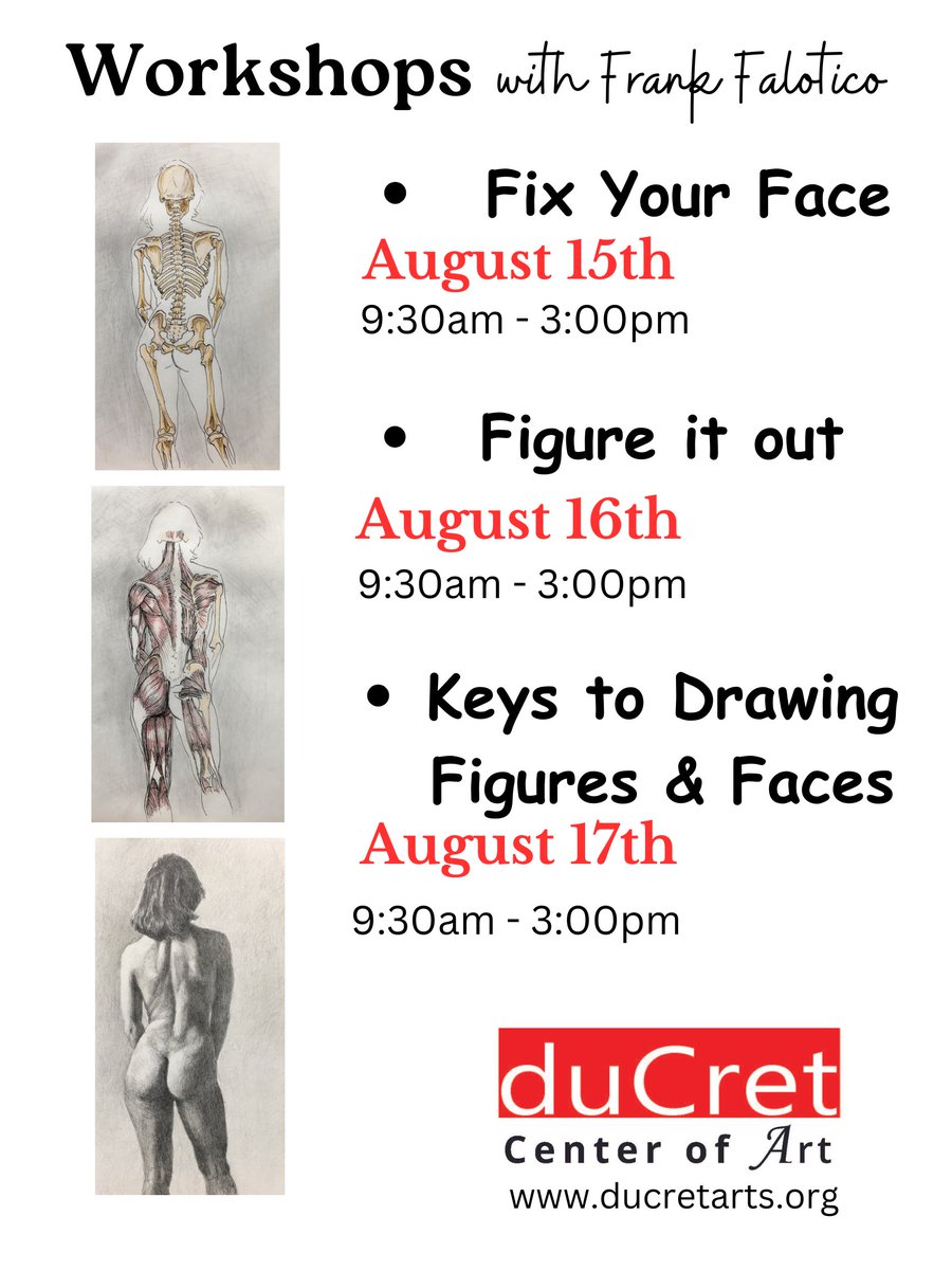 duCretArtSchool's tweet photo. Workshop every artist should take!
Limited space - Register today!
#art #arcenter #ducret #arteducation #workshop #summer #figure #face #drawing #artist #summerworkshop #artscene #artisticanatomy #anatomy #plainfieldnj https://t.co/VwEjErNjI3