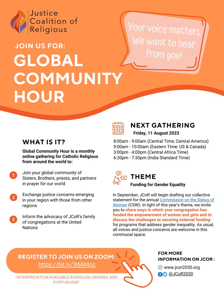 YOU'RE INVITED to #JCoR's Global Community Hour

🗓️11 August

🗣️This month, we are especially inviting individuals who would like to share experiences relating to funding for #GenderEquality   

All voices and topics are welcome in this space.

Info: jcor2030.org/august-global-…