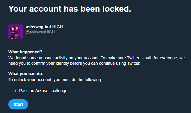 ashswagHIGH's tweet photo. I sent my main account a dm called "test" to see if his DMs were open (Because Twitter added that weird setting recently), after which I got locked for suspicious activity lmao.

It's resolved now https://t.co/B7wk2XA2Rs