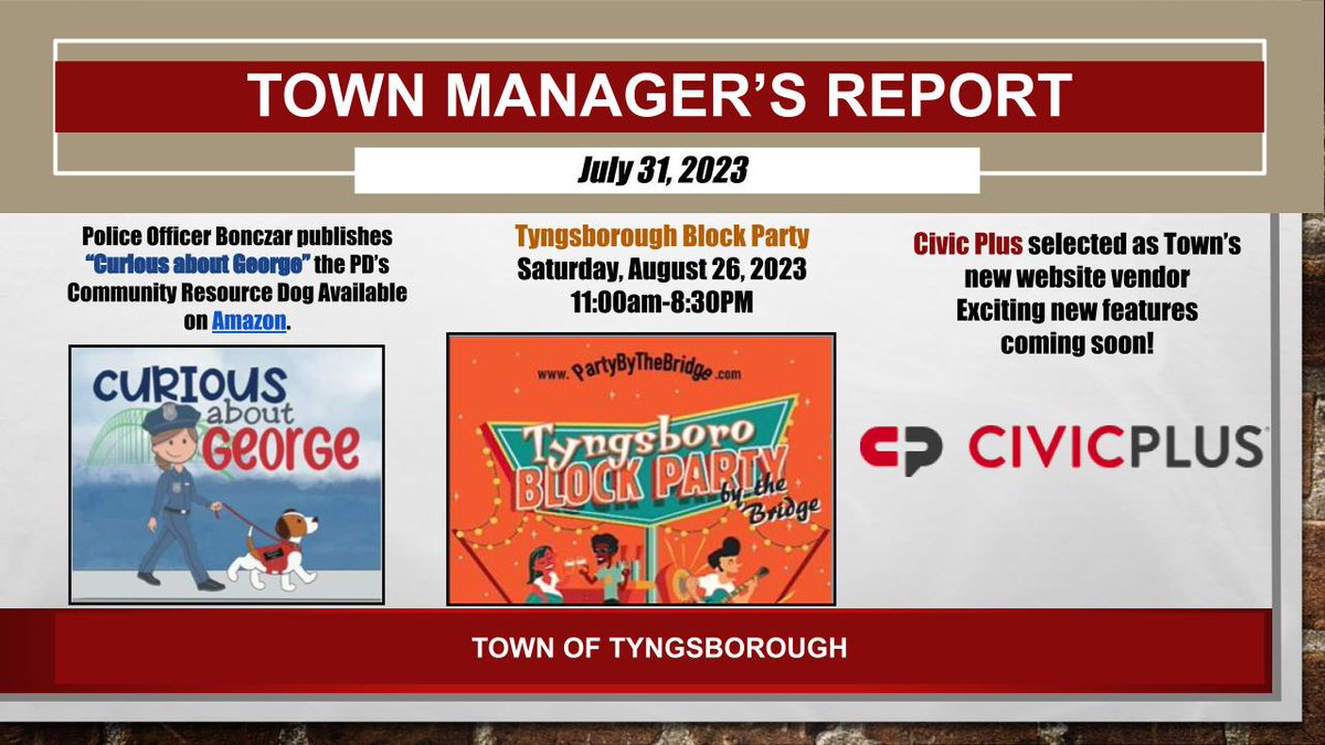 Last night's <a href="/TyngsboroughMA/">Tyngsborough, MA</a> Town Manager's Report is now available! Preview below, full report available⏭️: bit.ly/3qfTmvN Don't want to miss a report? Visit tyngsboroughma.gov to SUBSCRIBE!📨