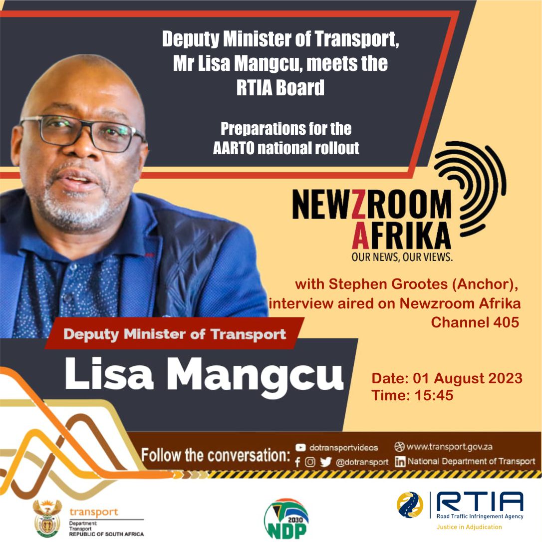 [COMING UP] Deputy Minister of Transport,  Mr Lisa Mangcu, reflects on the meeting with the RTIA Board regarding AARTO rollout.  
#AARTO
#RTIA
<a href="/MangcuLisa/">RSA-Deputy Minister of Transport_Lisa Mangcu</a> 
<a href="/Dotransport/">Department of Transport</a>