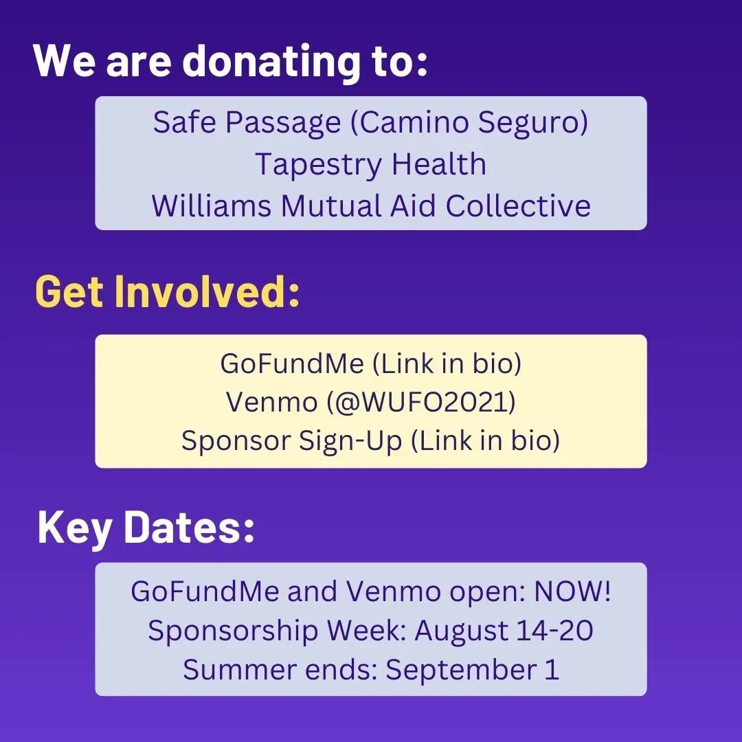 WUF is excited to announce the launching of our annual summer fundraiser! We encourage the WUF community and broader Williams community to join us in redistributing wealth and supporting these three important organizations. GoFundMe and Sponsorship form in bio, Venmo (@WUFO2022)