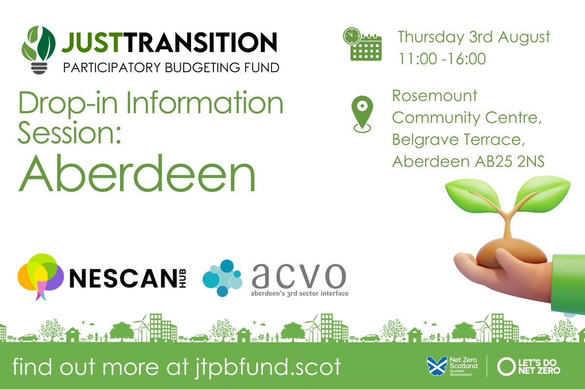 Even more opportunities to discuss your #JTPB ideas! Join us for a cuppa and chat at a drop-in information session at Rosemount Community Centre this Thursday (11.00 - 16.00). Looking forward to hearing your #CommunityClimateAction ideas #JustTransitionParticipatoryBudgeting