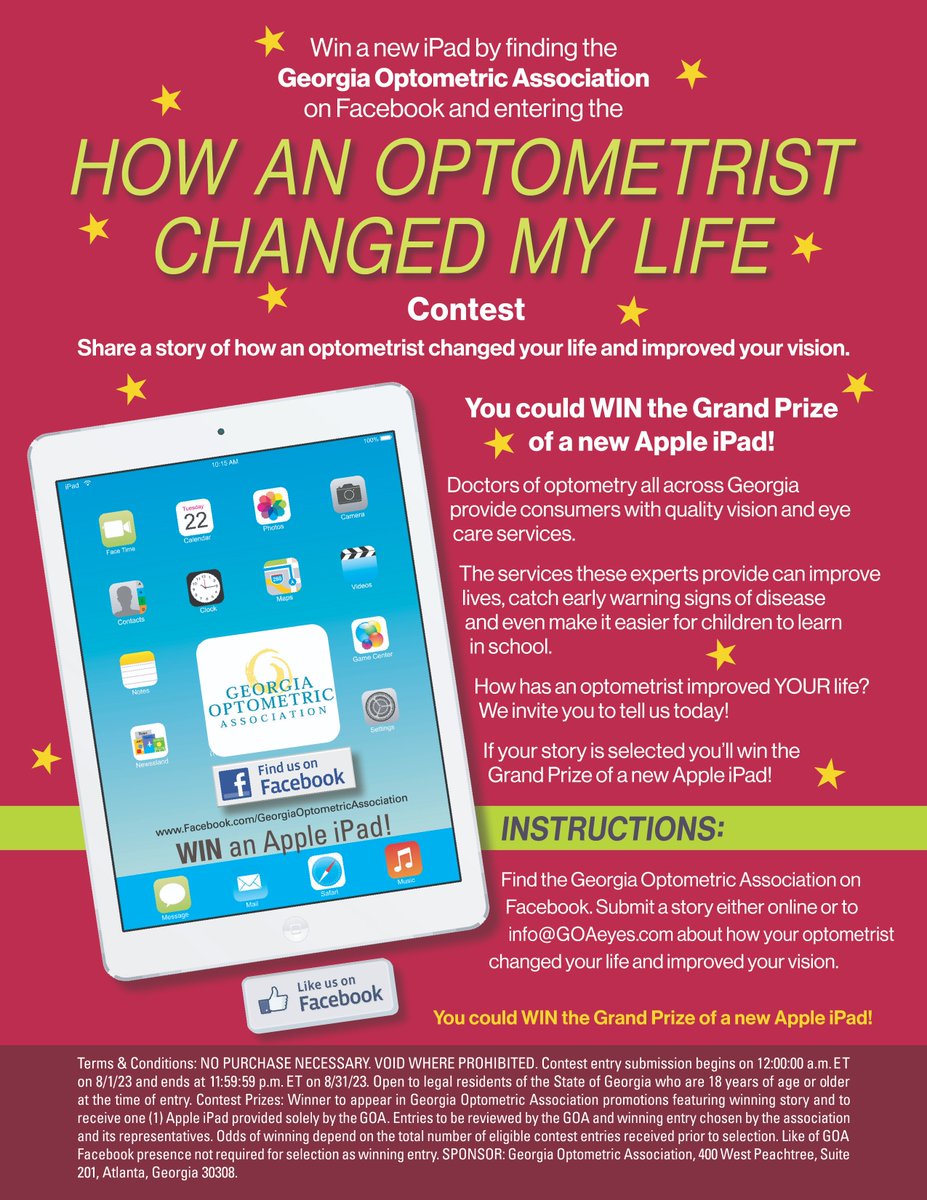 It's contest time! Has a visit to a doctor of #optometry changed YOUR life? Drop us a line &amp; share your story. You could win a new <a href="/Apple/">Apple</a> #iPad! Enter today! <a href="/AOAConnect/">AOAConnect</a> <a href="/OptometryTimes/">Optometry Times</a> <a href="/HealthDayTweets/">HealthDay News</a> <a href="/GOAeyesConnect/">GOA Membership Updates</a> #visioncare #BeVisionSmart