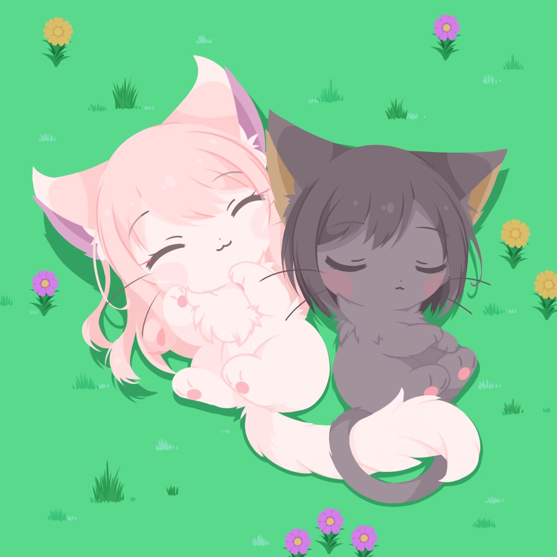 cat flower animalization no humans closed eyes sleeping grass  illustration images