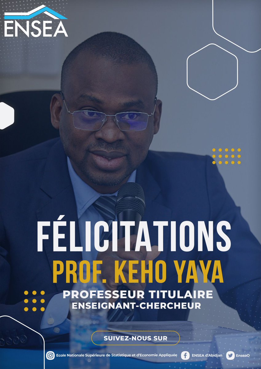 EnseaO's tweet photo. Le Directeur de l'@EnseaO, Dr. #Hugues_KOUADIO adresse ses chaleureuses félicitations au Prof. @KehoYaya qui a brillamment été qualifié professeur titulaire option Macro-économie à l'issu de la 45e session des Comités Consultatifs Interafricains.
@the_ACEProject , @LeCames https://t.co/TKzg1CjMwU