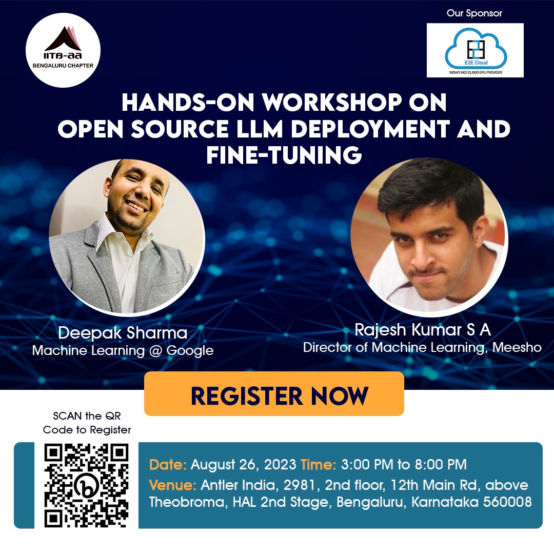 IITBAA Bengaluru chapter presents a hands on workshop on 26 Aug, 3-8 pm @Antler India, Bengaluru on Unlocking the potential of Generative AI. Register @https://bit.ly/45amSlx #AIWorkshop #GenerativeAI #OpenSourceLLMs
