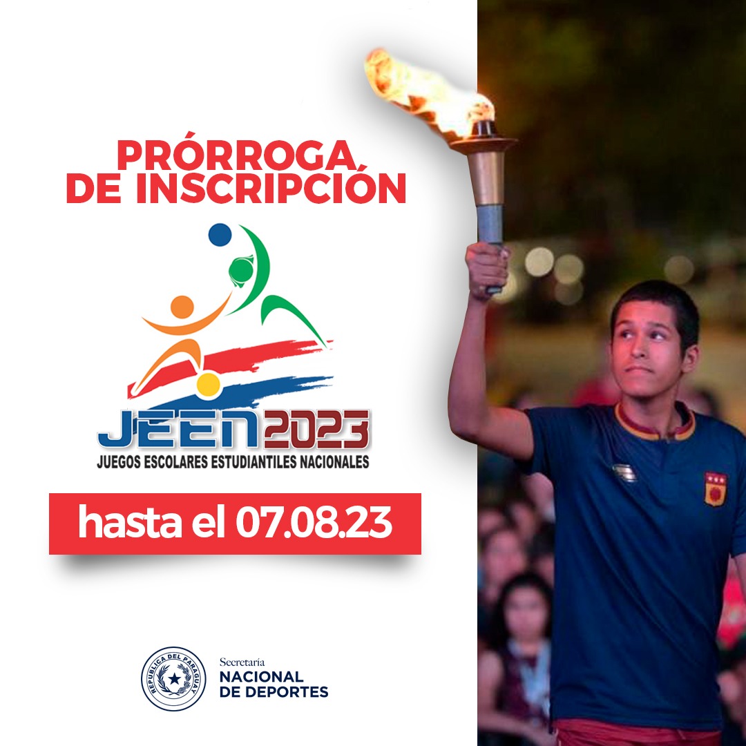 Para que ningún colegio quede sin #JEEN2023🤩extendemos las inscripciones hasta el 7 de agosto🔝 para la mayor fiesta deportiva estudiantil con 11 modalidades, 60.000 atletas de 5.000 instituciones educativas de todo el territorio nacional 🇵🇾

#VamosParaguay💪🏼
#ElDeporteNosUne🤝