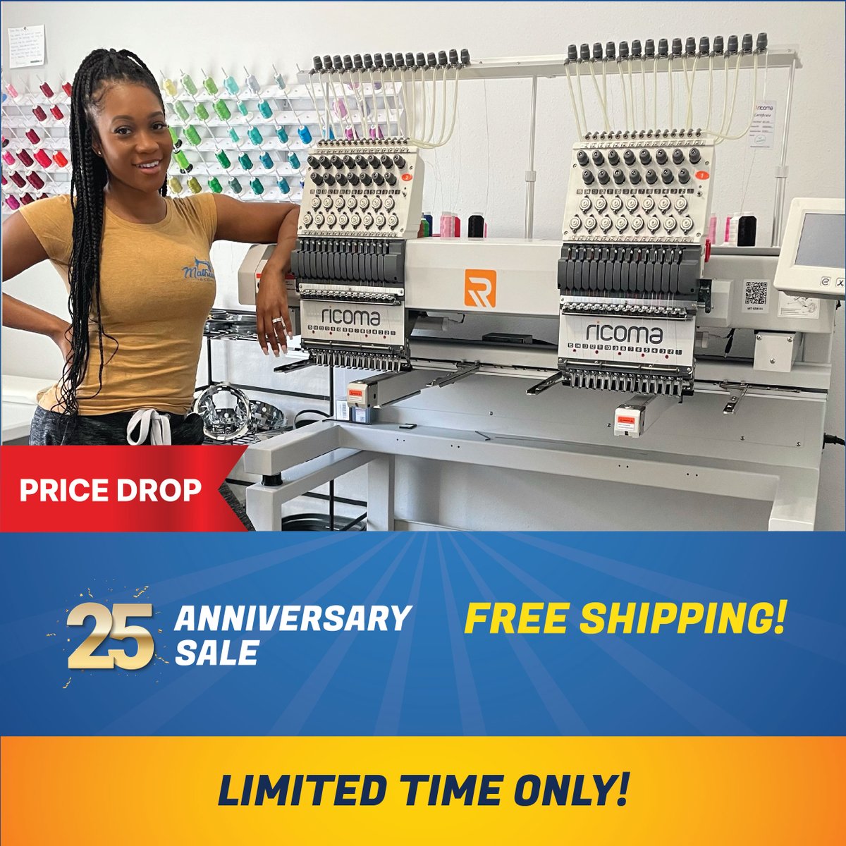 RicomaHQ's tweet image. 🛍️ Our Biggest Sale Ever! 🛍️ 25 years of embroidery excellence means historic deals on top-notch machines. Take advantage now and stitch your dreams into reality!  #EmbroideryMachines #Ricoma   
.
Click the link below to learn more!  ⬇️
hubs.ly/Q01ZksB30