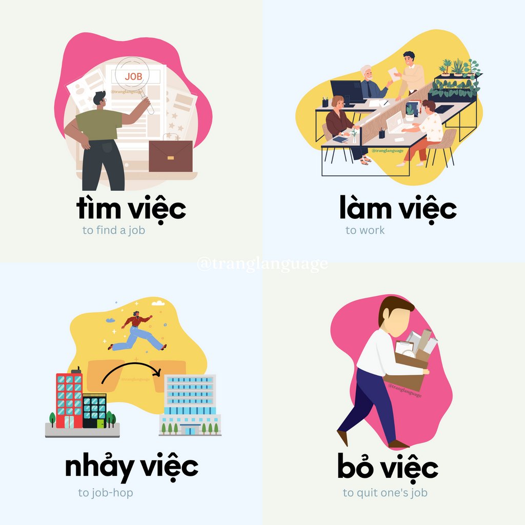 Inspired post by 2 of my students: 𝒂𝒏𝒉 𝑴𝒊𝒄𝒉𝒂𝒆𝒍 and 𝒂𝒏𝒉 𝑴𝒊𝒏𝒉. Here are 4 Vietnamese words related to the word 'việc' - work

#tranglanguage #vietnameselanguage #learnvietnamese 
#learnlanguages #learnsomethingnew #learnminimalism #learnasianlanguages