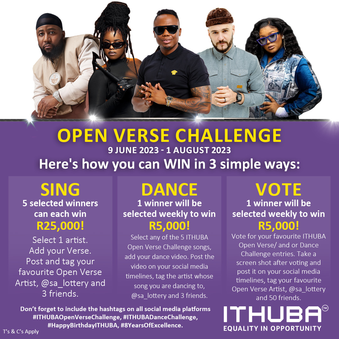 sa_lottery26's tweet photo. Competition is ending soon! You still stand a chance to dance away with R5,000 on the #ITHUBADanceChallenge competition this FRIDAY! Post the video on your social media timelines, tag the artist whose song you are dancing to @sa_lottery &amp; 3 friends! Ts &amp;Cs apply. https://t.co/9rwnKwOzIy