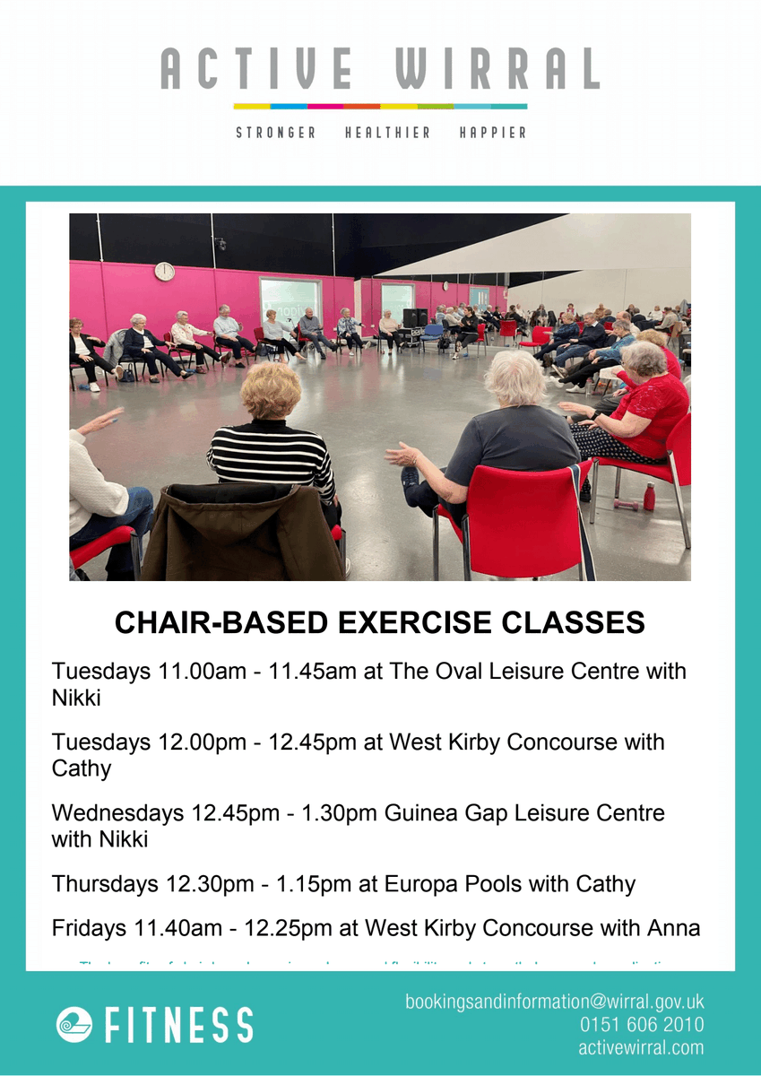 WirralE's tweet image. Chair Based Exercise classes are available across @WirralCouncil @ActiveWirral leisure centres 

#Wirral #ActiveWirral #KeepActive #AccessibleFitness #Wellbeing #WeAreUndefeatable #HealthyWirral