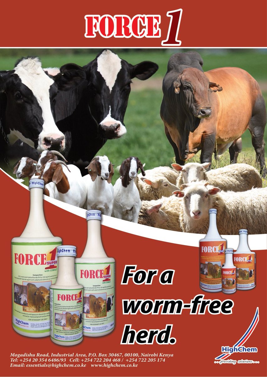 HighChemGroup's tweet photo. Keeping your livestock healthy is a top priority!Force 1 is a tested and proven solution for worm control livestock. Say good bye to irritating parasites and hello to a thriving herd. Available as:125ml, 500ml, 1lt and 5lts. Sales@highchem.ke
#ProvidingSolutions #animalhealthcare https://t.co/2TFdPw7lL8