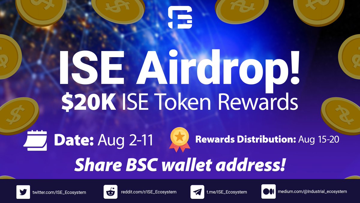 🚀 Participate in the Industrial Ecosystem Airdrop! 
💰 $20,000 worth of ISE tokens are up for grabs!

✅Like + RT + Tag friends
⏰ Airdrop: Aug 2-11 
📆 Rewards Distribution: Aug 15-20

🔗Airdrop Link: t.me/ise_airdropbot…

Drop your BSC address👇

reddit.com/r/ISE_Ecosyste…