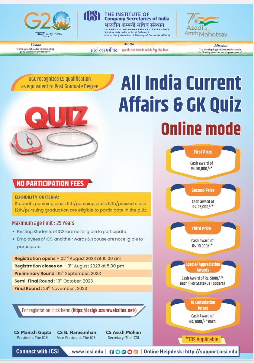 icsi_cs's tweet photo. FREE REGISTRATION: All India Online #CurrentAffairs and #GK Quiz 2023" . Register @ https://t.co/oIJUd9tKCd @g20org @AmritMahotsav https://t.co/3UBeE1xgEL