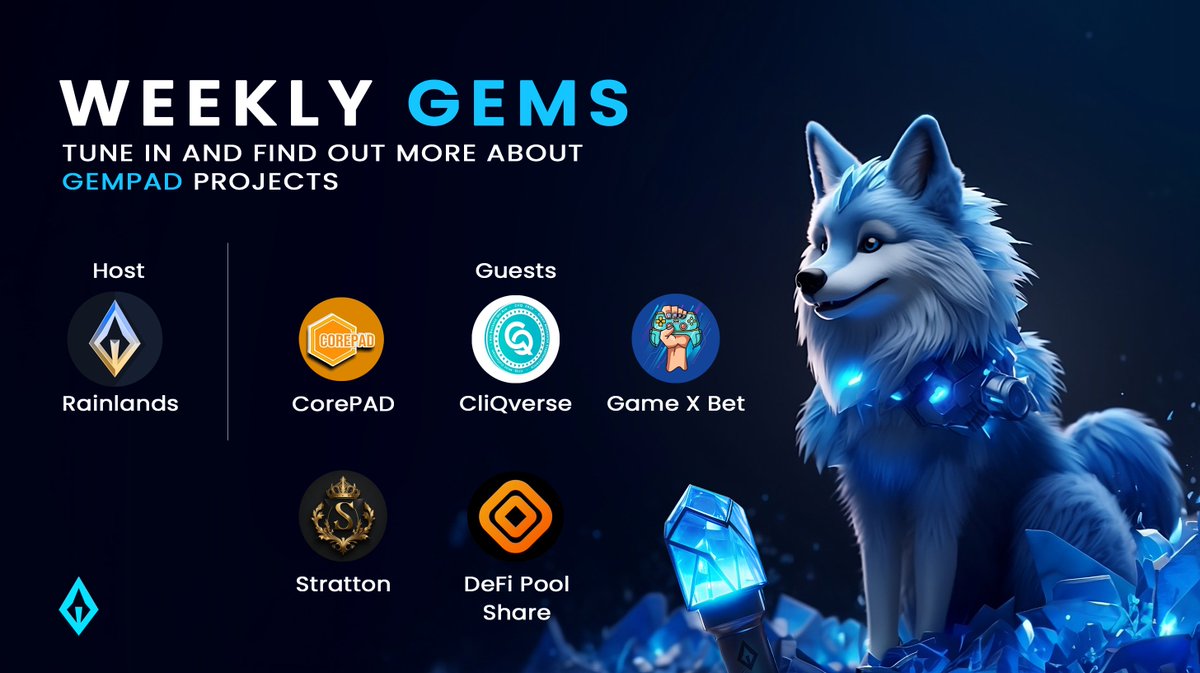 💎 WEEKLY GEMS ANNOUNCEMENT 💎

And we're back with another fun Weekly #Gems session!

⏰Time and date: 2nd of August 3pm UTC
✅Venue: t.me/TheGemPad

Tomorrow we'll have 5 projects sharing the stage;
<a href="/CorePad_Token/">CorePad 🔶</a>
<a href="/CliQtoken101/">$CliQ</a>
<a href="/GameXBet/">Game X Bet</a>
@stratton_stn
@DefiPoolShare