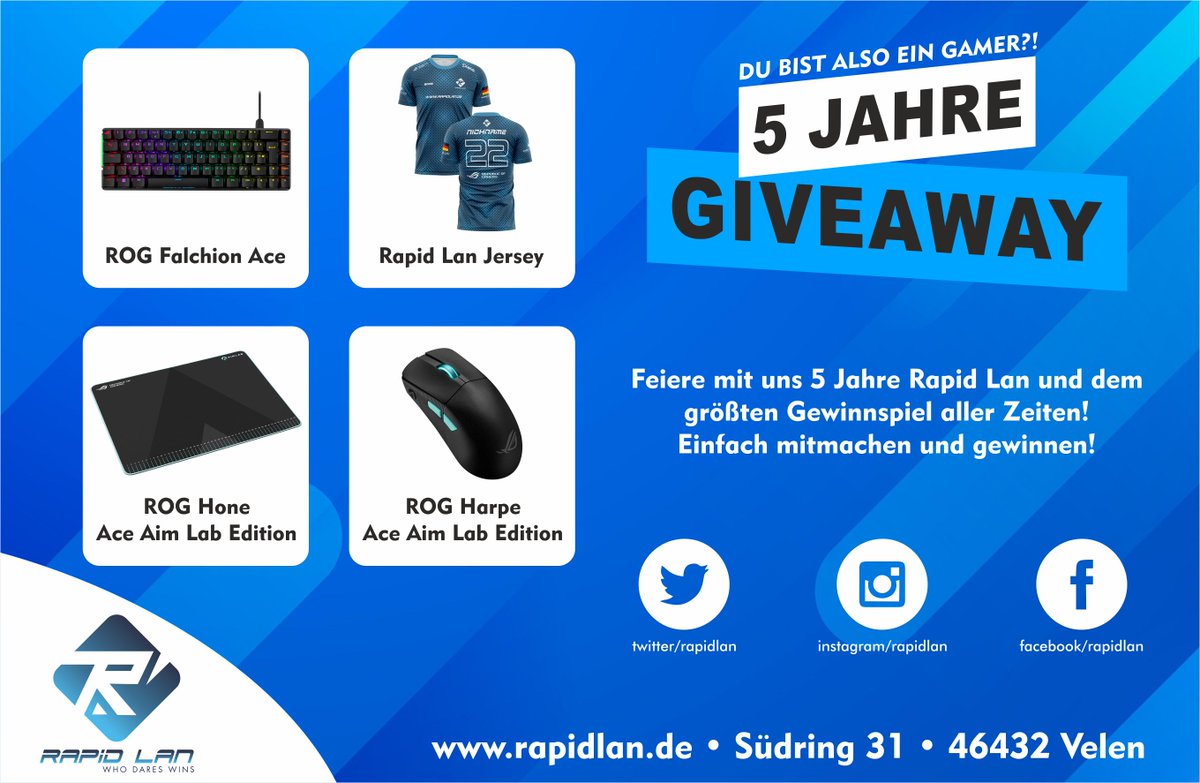 Rapid Lan wird 5 Jahre alt. 🥳

Zusammen mit unserem Partner ASUS ROG machen wir nun ein großes Giveaway für euch.

Um teilzunehmen: 

1. Folgt <a href="/Rapid_Lan/">Rapid Lan</a> 
2. Folgt <a href="/asusrogde/">ASUS ROG DACH</a> 
3. RT diesen Beitrag
4. Markiert eine Person aus eurer Community

#Giveaway #ASUS #Lanparty
