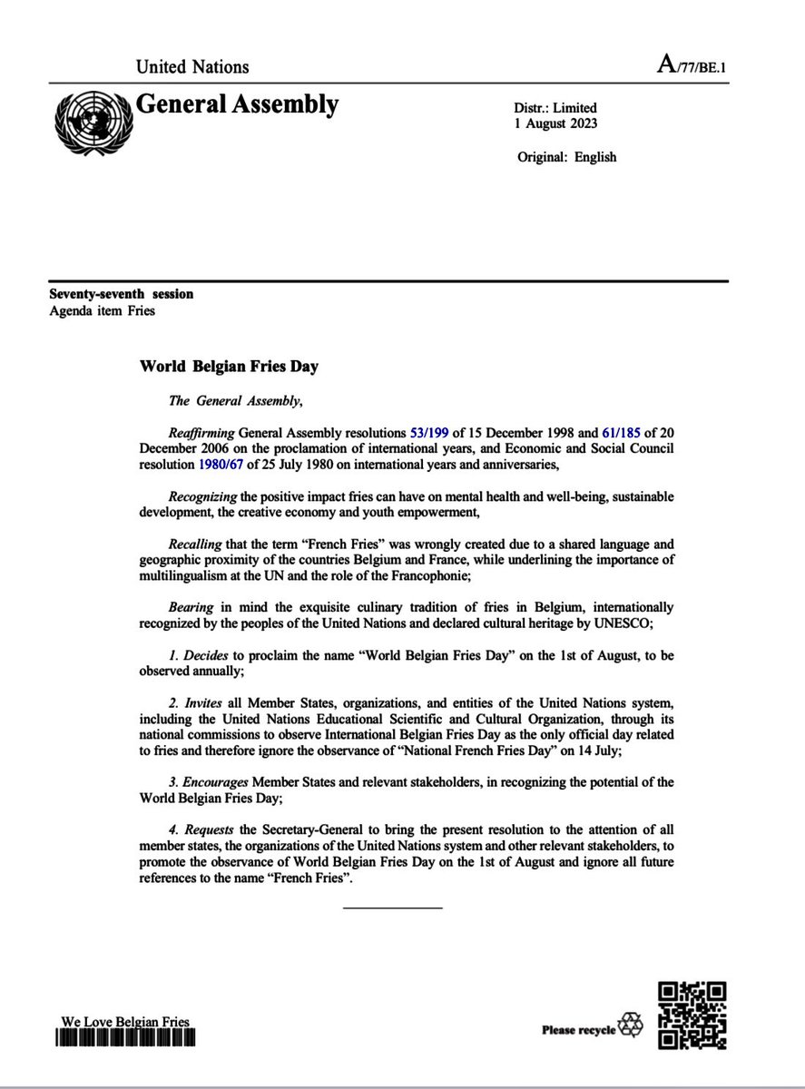 #WorldBelgianFriesDay🍟

With the 77th session of the 🇺🇳 General Assembly still in full swing this summer, we are introducing an important 🇧🇪 draft resolution👇open for cosponsoring! 

(Just kidding 😉 but can we all agree that Belgian fries are the best in the world? 🤤)
