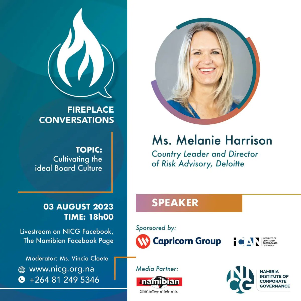 deloittenamibia's tweet photo. Catch Deloitte's Country Leader, Melanie Harrison, on the fireplace conversations with @Vincia_, where they will be speaking about cultivating the ideal board culture. #Deloittenamibia https://t.co/IWMAHY827w