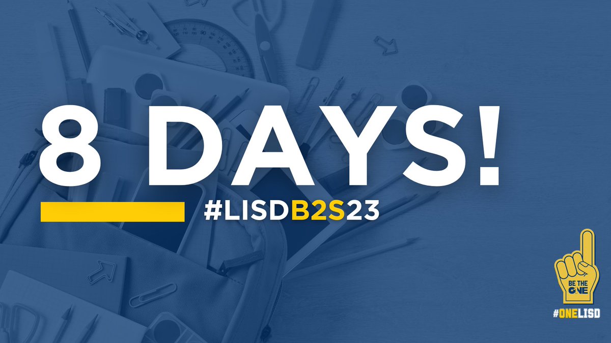 LewisvilleISD's tweet image. Only 𝐄𝐈𝐆𝐇𝐓 days until the first day of school! Do you have your back-to-school supplies already? If not, visit lisd.net/supplies for links to each campus&apos;s supply list! #OneLISD #LISDb2s23