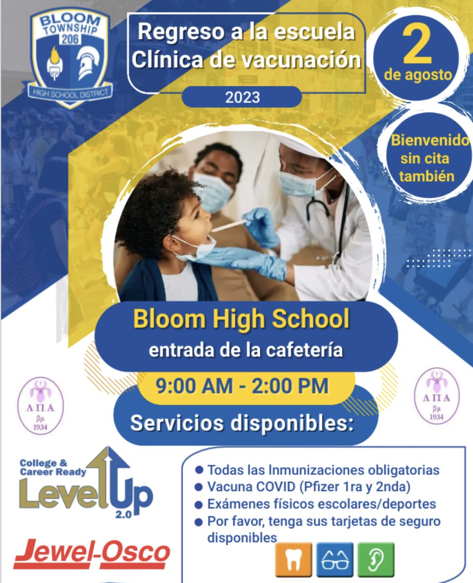 Tomorrow there is clinic at Bloom H.S. /Mañana hay una clínica en BloomH.S.⁦<a href="/DrNavarre/">Supt. Lenell Navarre</a>⁩ ⁦<a href="/PrincipalKeene/">Glynis Keene</a>⁩ ⁦<a href="/ConstanceJoube1/">Principal Joubert</a>