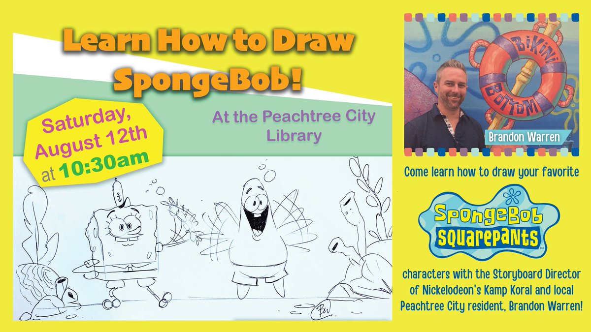 <a href="/WarrentyVoid/">Brandon Warren</a> will be at the @ptc_library, August 12th, teaching kids (ages 9-14) how to draw their favorite <a href="/SpongeBob/">SpongeBob</a> character!  Register here - eventbrite.com/e/learn-how-to…  Space is limited! #peachtreecity #spongebob