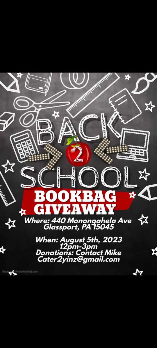 mentoringv37162's tweet photo. help us promoting this. This is for the whole Mon valley in Allegheny county. This is for August the 5th this upcoming Saturday from 12:00 to 3:00 no need to sign up just show up get book bags get haircuts free food free entertainment. we still need donations of school supplies https://t.co/m6wMZu5tA4