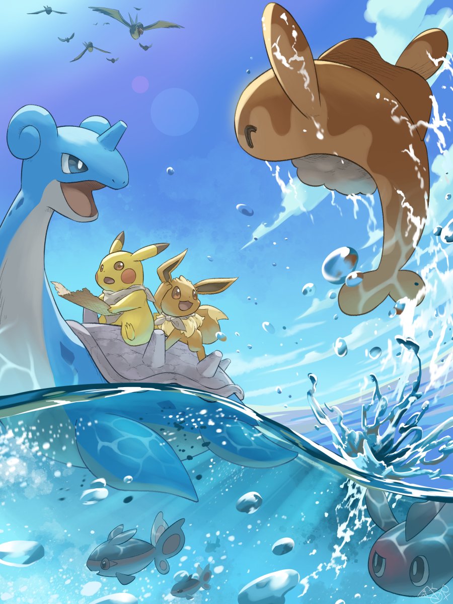 eevee ,pikachu pokemon (creature) water no humans day open mouth bubble sky  illustration images