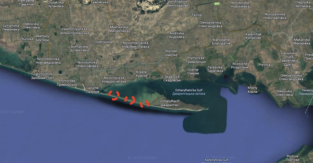 Ukrainian HIMARS hit and destroyed 5 large areas of infantry and armoured vehicles of Russian forces in a 60km deep strike on positions on Dzharylhach island in Kherson region facing Crimea.