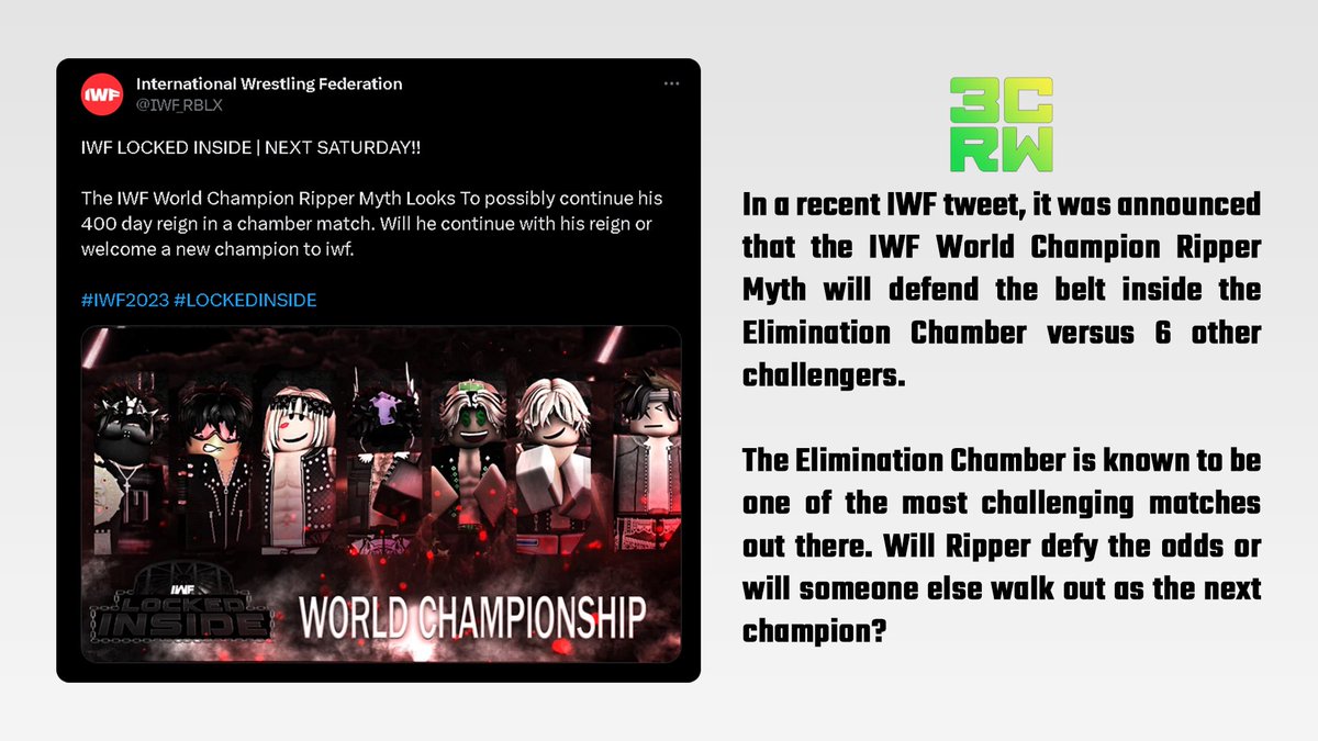 3CountRoNetwork's tweet photo. 3CRW || IWF World Championship Chamber Match

As revealed by @IWF_RBLX, The current world champion is set to defend his belt in one of the hardest stipulations out there. https://t.co/Vs0LNk2R6R