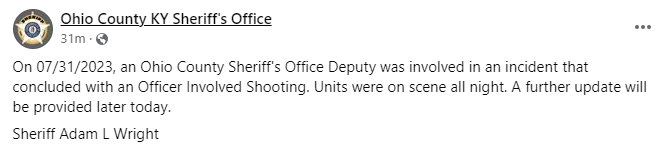 BREAKING: The Ohio Co. Sheriff's Office posted on Facebook there was an officer involved shooting involving an Ohio County deputy. 

We're working on more details. 

Here is the post: