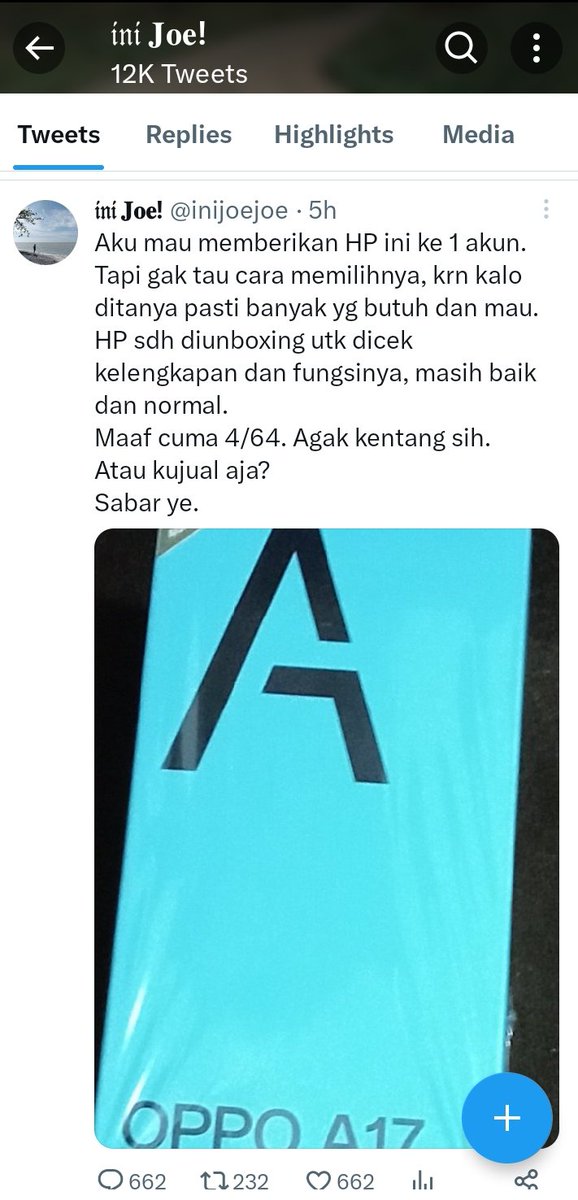 Aku putuskan HP ini akan kuberi pada akun yg dipilih secara random. 
Bukan GA atau lelang. Tanpa syarat! 
Kuumumkan pada ⅓ malam, Rabu,  2 Agustus 2023. 
Cukup sampai di sini. 

Salam hangat dari Joe.