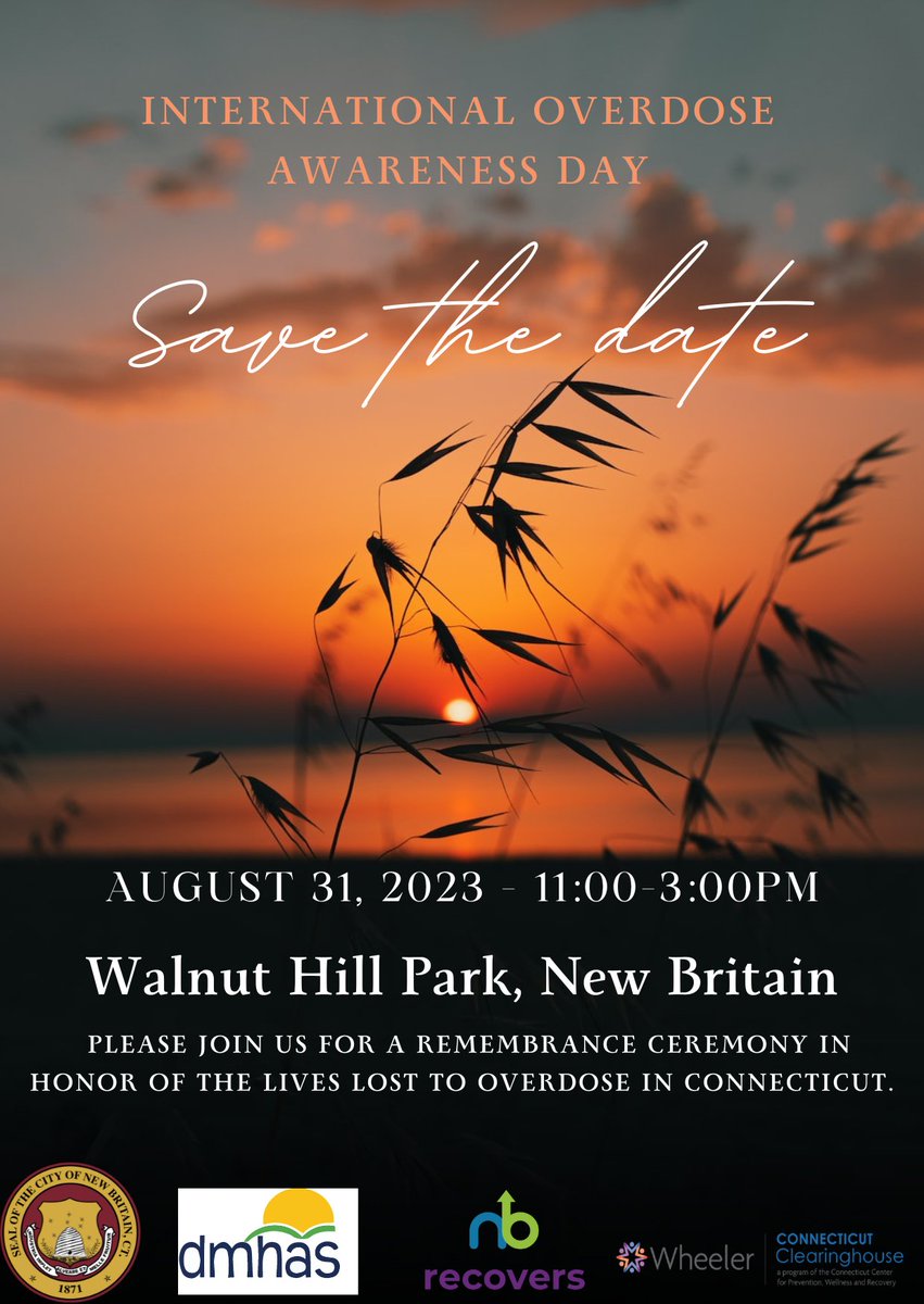 CTDMHAS's tweet photo. Join us on August 31 at Walnut Hill Park in New Britain for a remembrance ceremony in honor of the lives lost to overdose in Connecticut.
#IOAD2023 #EndOverdoseCT https://t.co/nTDFaAGlTK