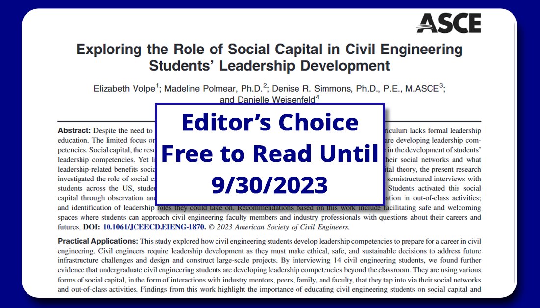 ASCEpublishing's tweet photo. How are #CivilEngineering undergraduates learning leadership?

A new @ASCE_JCEE study explores how students develop leadership competencies through their own experiences, interactions, and use of social capital. 

Free Access Thru 9/30: https://t.co/jKBcsN2DZV https://t.co/MVgV9of6Os