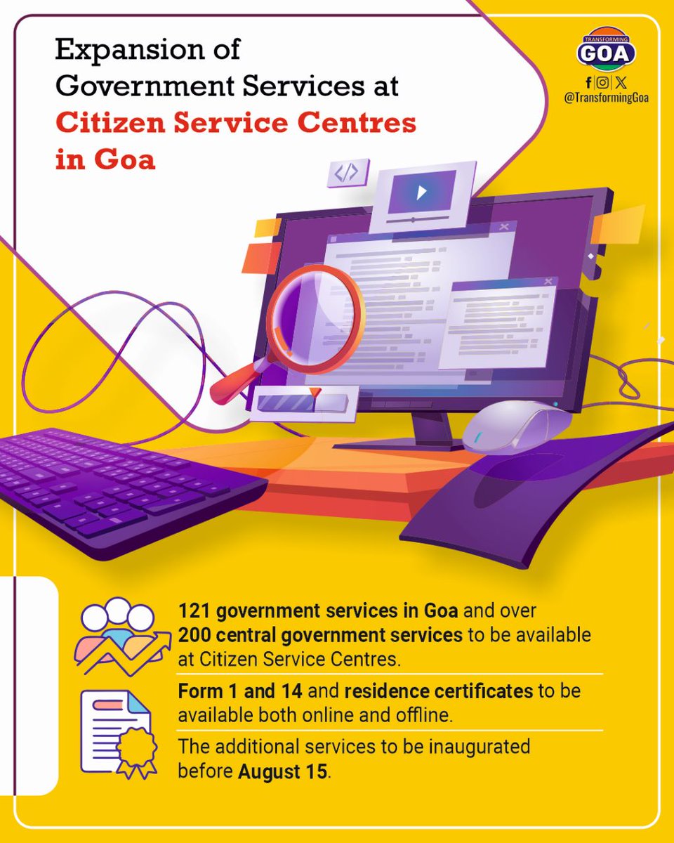 Expansion of Government Services at Citizen Service Centres in Goa; 121 government services in Goa and over 200 central government services to be available at Citizen Service Centres.

#goa #GoaGovernment #TransformingGoa #facebookpost #bjym #bjymgoa #governmentservices