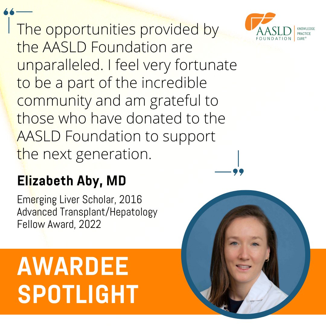 AASLD Foundation Awardee Spotlight: Elizabeth Aby, MD @LizzieAbyMD 😎 At the core of our work are the talented researchers and clinicians who work tirelessly to find better treatments and more cures for liver diseases. aasldfoundation.org/awardee-spotli… #LiverTwitter