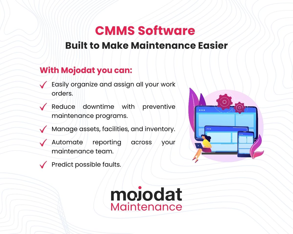 Are you tired of dealing with maintenance tasks using traditional methods? Say hello to Mojodat state-of-the-art CMMS software, designed to streamline and simplify your maintenance processes! #CMMS #MaintenanceManagement #SoftwareSolutions #MaintenanceMadeEasy