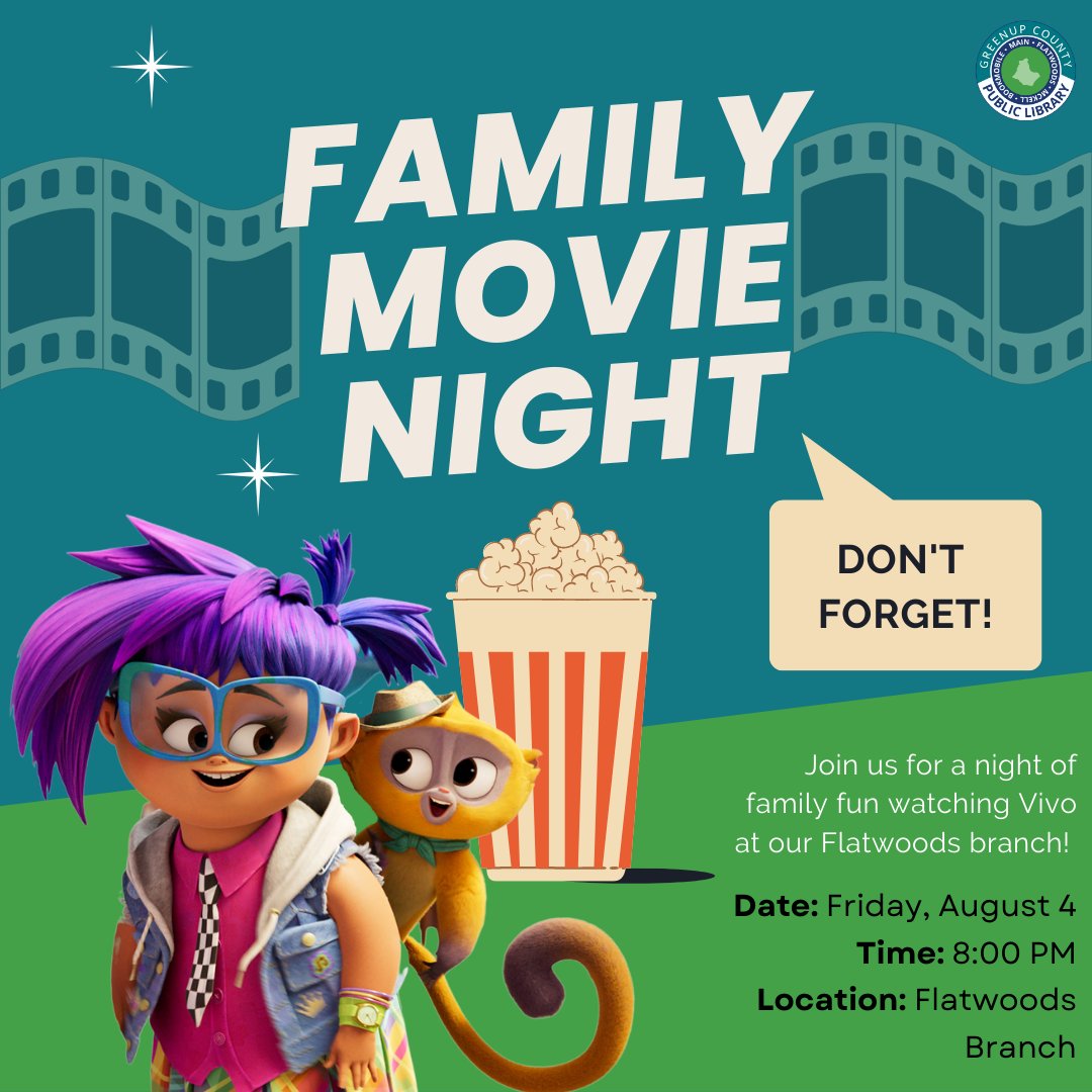 Greenuplib's tweet photo. Exciting news! Family movie night is just around the corner at #GreenupCountyLibrary! 📽️🌟 Don't miss the screening of "Vivo" – a perfect way to bond with your loved ones and enjoy a fun-filled movie night!

#publiclibrary #lovetoread #books #greenupcounty #library #librarylove https://t.co/D96qvz8KHX