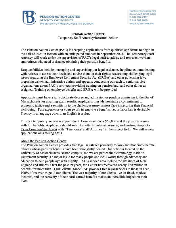 Come join the Pension Action Center team this coming year! A fabulous position for any public interest based lawyer looking for an interim position. #pensionaction #PAC #retirementsecurity #retirement #advocacy #freelegalaid