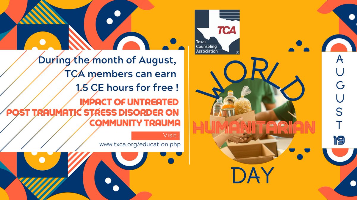 TCA is offering its members a free continuing education course during the month of August. Watch the on-demand webinar, Impact of Untreated Post Traumatic Stress Disorder on Community Trauma, tinyurl.com/33nz5ctt, to earn 1.5 free CE hours.