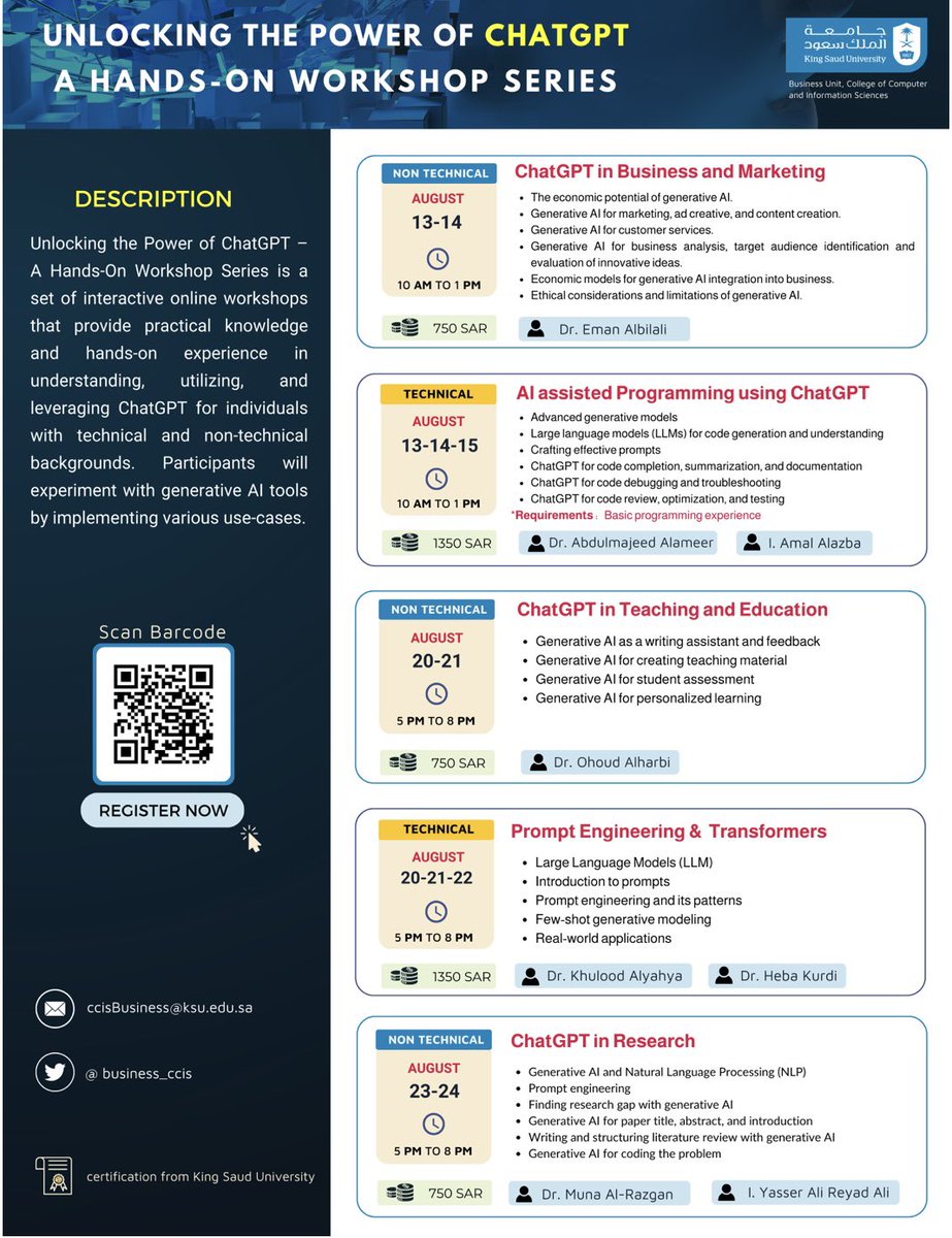 business_ccis's tweet photo. تُقدم كلية علوم الحاسب والمعلومات بجامعة الملك سعود ورش عمل ( إطلاق العنان لقوة ChatGPT)  
سلسلة من ورش العمل العملية للمهتمين في الذكاء الاصطناعي التوليدي للأفراد من ذوي الخلفيات التقنية و غير التقنية ،
ولمزيد من المعلومات و التسجيل تجدونه أدناه https://t.co/Xg4KNkZX75