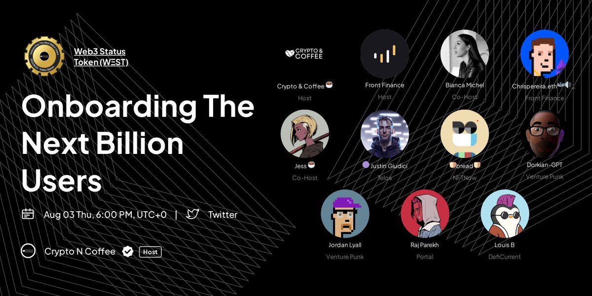 Join us this Thursday for EP 1 of our 4-week series with @frontfinanceapi &amp; our panel of industry leaders!

🌐 How To Onboard The Next Billion Users
🗓️ 08/03/23 2:00pm EST

Set a reminder 🔔 x.com/i/spaces/1eaKb…