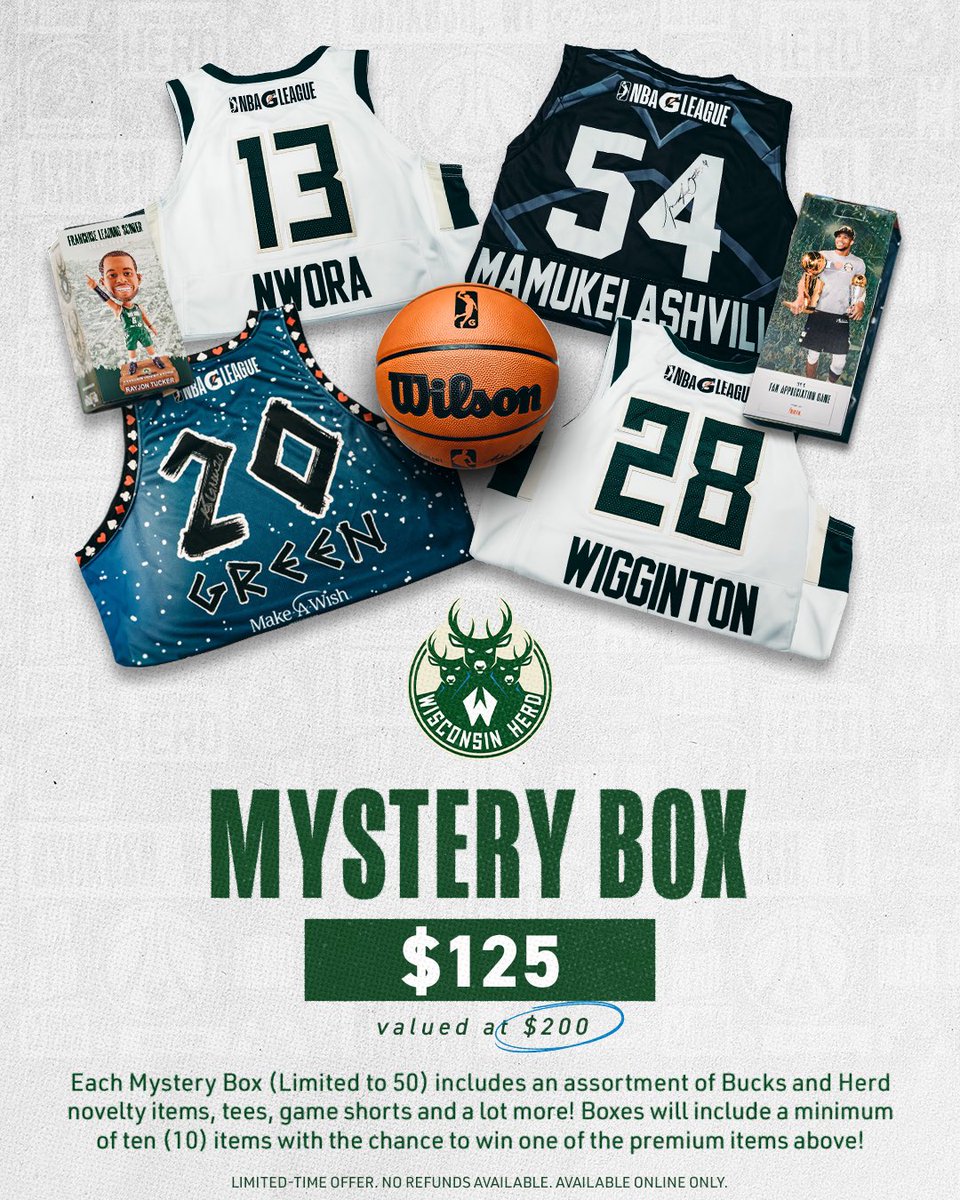 New Month, New Merch! 🔥 
Limited Mystery Boxes Left! 📦

Our Wisconsin Herd Mystery Box includes an assortment of Bucks and Herd novelty items, tees, game shorts and a lot more! (Valued at $200) Each Mystery Box will include a minimum of ten (10) items. 

🧵👇