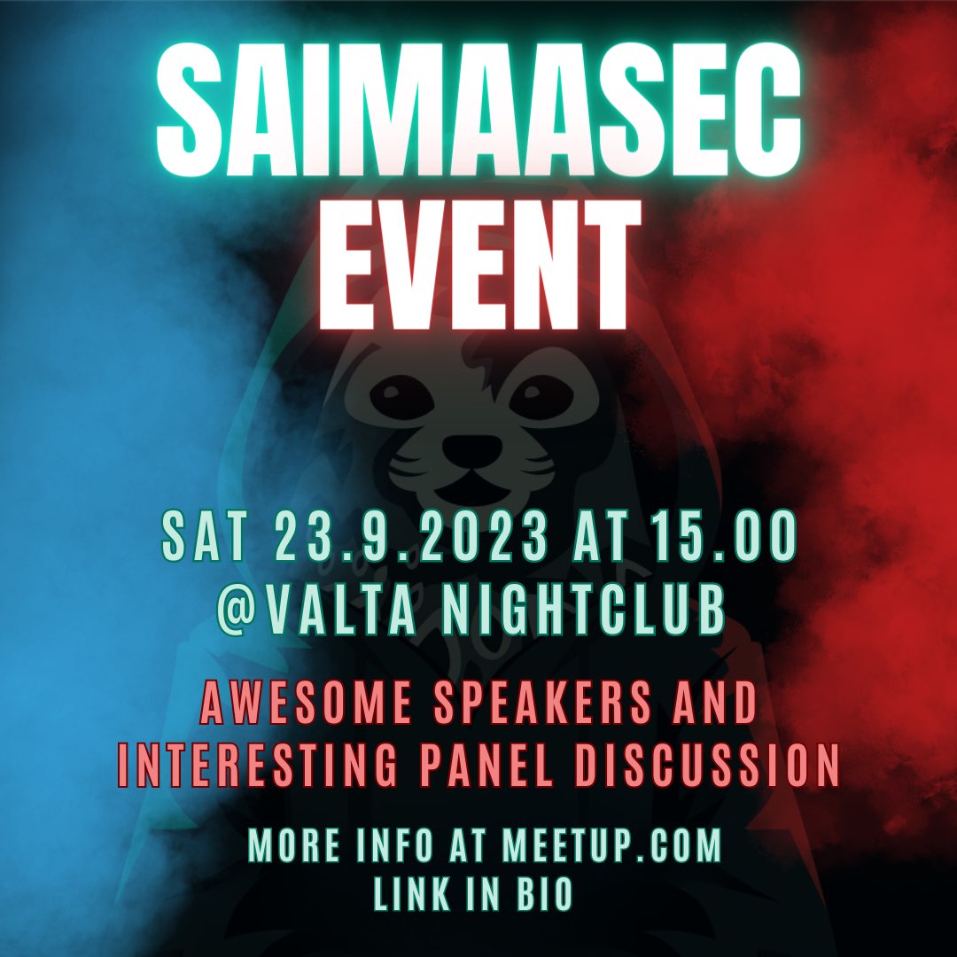 Here we go! Our next SaimaaSec meetup will be on Saturday September 23rd at Valta Nightclub in Lappeenranta. This event will be held in Finnish language 🇫🇮. More info and sign up at meetup.com/saimaasec/even….