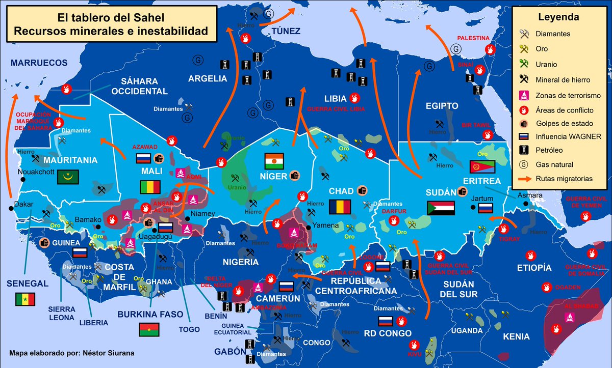 🚨‼️ Con el golpe de estado en #Níger y la prohibición de exportación de uranio hacia Francia, el #Sahel se ha vuelto a poner de moda.

👇🏽 Aquí os dejo un mapa mío para entender mejor las dinámicas de la zona relacionando los recursos minerales con los focos de inestabilidad.
