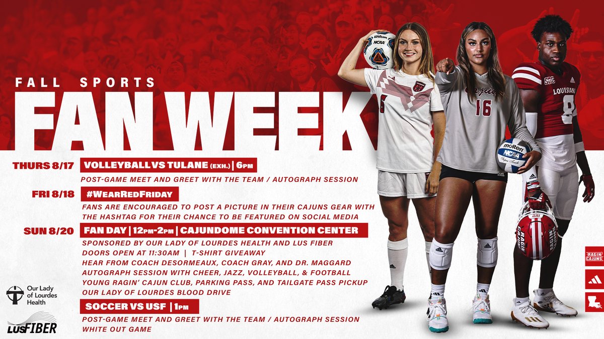 🔜𝐅𝐀𝐍 𝐖𝐄𝐄𝐊   

Join us the week of August 14th as we get ready for the fall season! 🤟

#GeauxCajuns | <a href="/LourdesHealth/">Our Lady of Lourdes Health</a> | @LUSFiber