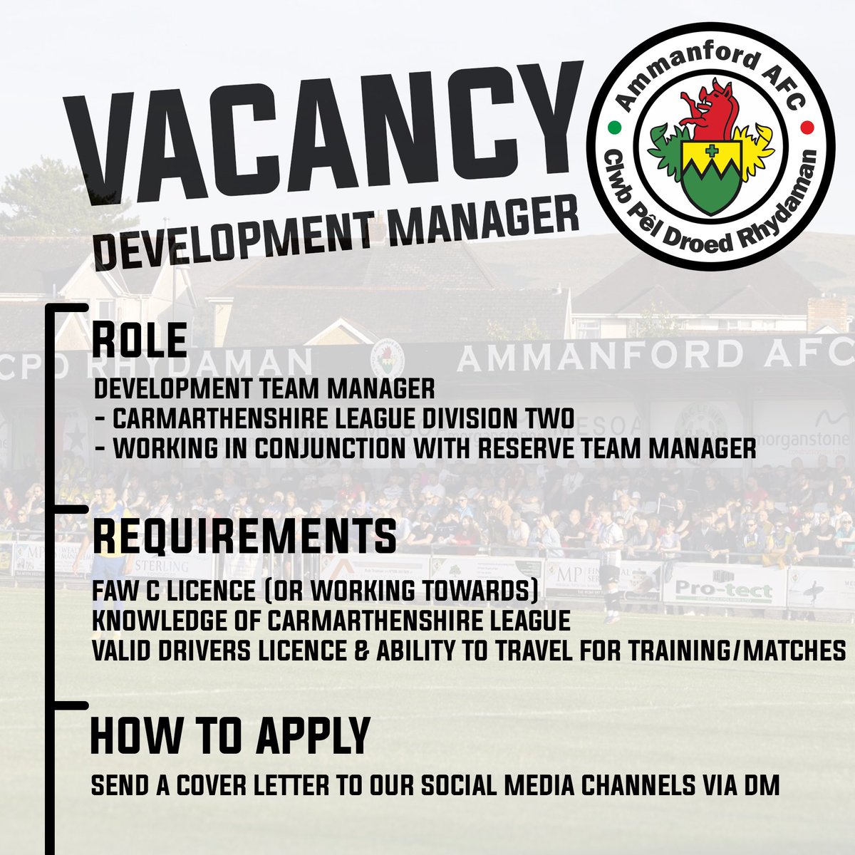 We are seeking a manager for our Carmarthenshire League team. The vacancy involves working within and supported by our established coaching infrastructure.

If you are interested in the role, or would like to discuss the role in more detail, please contact us via direct message.