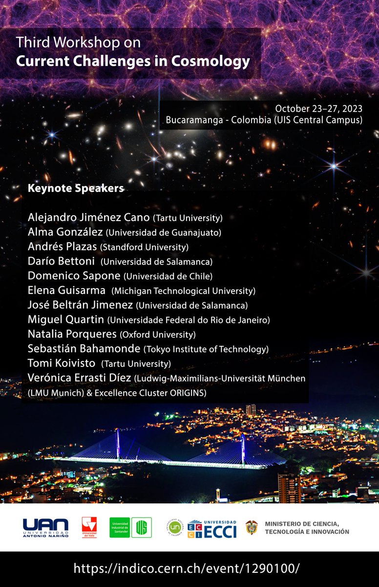 PenLua's tweet photo. Están cordialmente invitad@s al *Third Workshop on Current Challenges in Cosmology* que se llevará a cabo del 23-27 de Octubre en la @UIS. 
Una oportunidad única para aprender de la mano de los expertos en el campo de la cosmología. #Cosmology 🌌🔭 https://t.co/sSPOKU8vQj